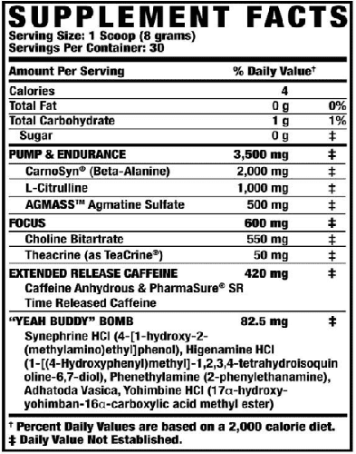 Yeah Buddy Ingredients Label