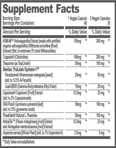 Genius Burn Ingredients Label